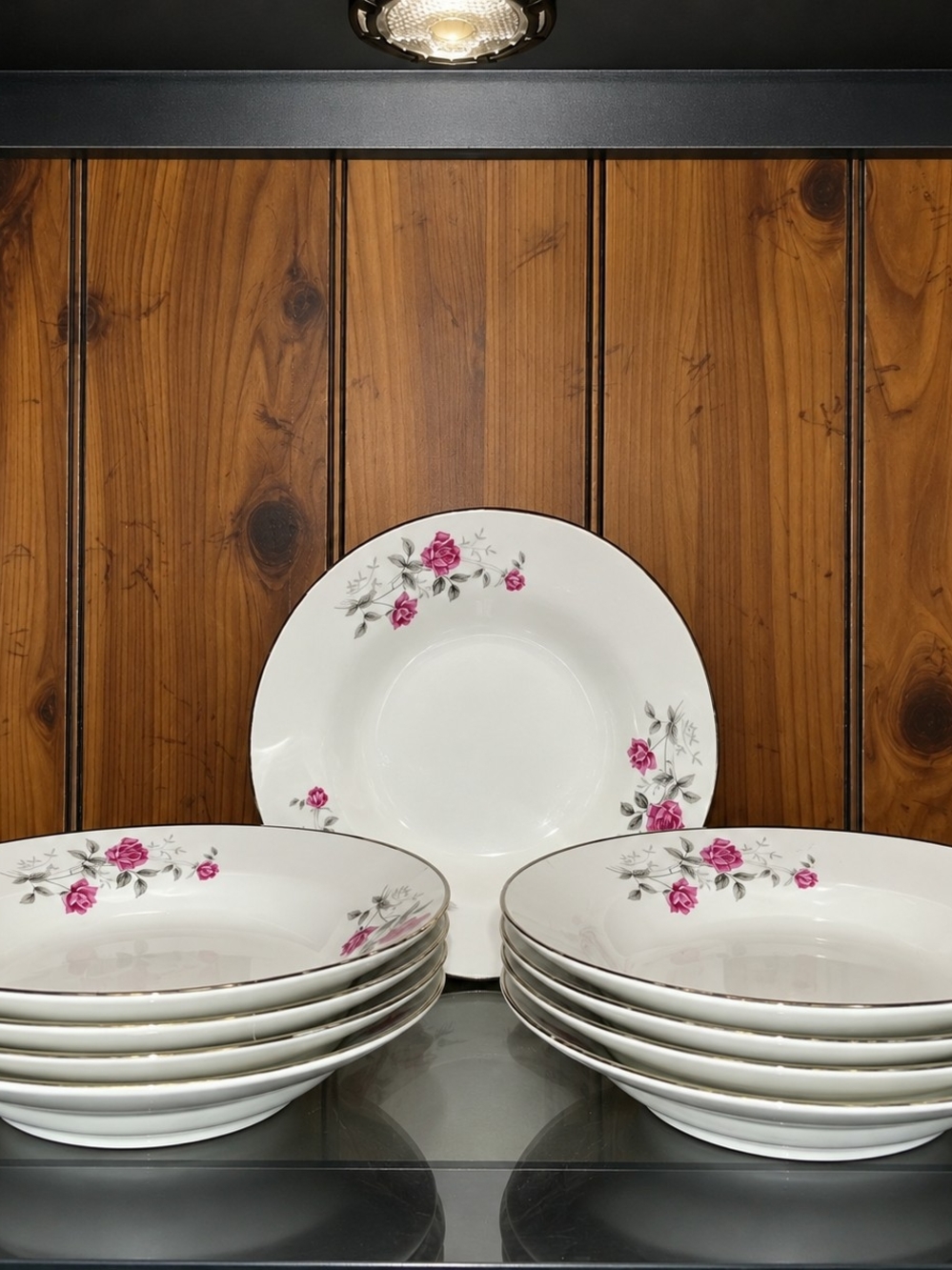 9 Pc Floral Rose Salad Bowl Set Pink Roses Gold Trim 9" Vintage Dinnerware